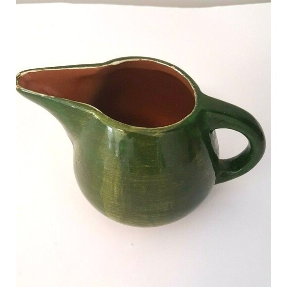 STANGL Milk Pitcher signed Pottery Green Brown 3 3/4 X 6   USA 1/2 pt Vintage - Picture 2 of 8